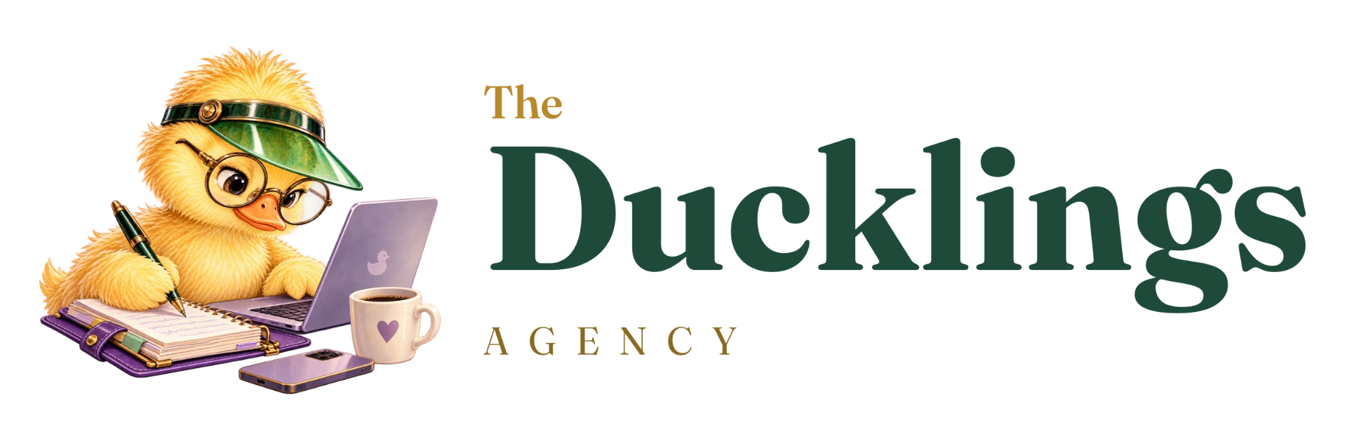 The Ducklings Agency mascot: a fluffy yellow duckling in round spectacles and a green bookkeeper visor